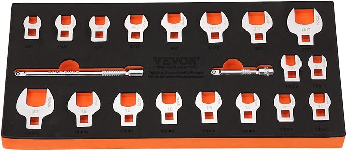 VEVOR Crowfoot Wrench Set, 3/8" Drive 20-Piece Crows Foot Wrench Set with 2 Extension Bars and EVA Tool Organizer,40CR Material with Mirror Chrome Finish, SAE 3/8"-7/8" and Metric 10-22 mm