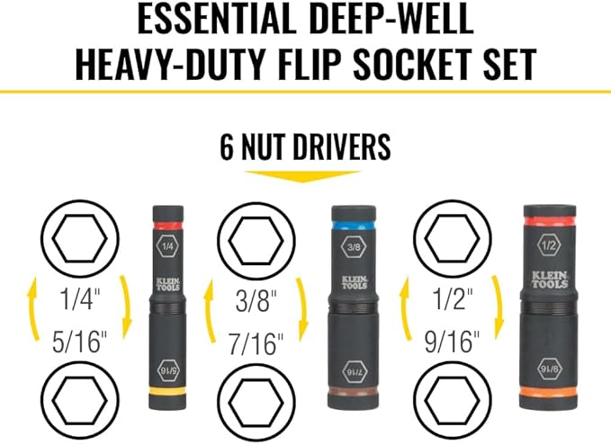 Klein Tools 65238 KNECT Impact Socket Set, Deep Depth with Wrench, 3 Heavy-Duty Color Coded Flip Sockets, 6 SAE Sizes, Ratchet, Adapter and MODbox Case