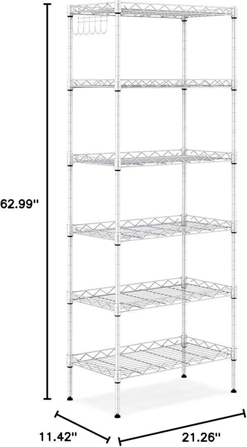 6-Shelf Shelving Storage Unit,Heavy Duty Metal Organizer Wire Rack with Leveling Feet, Stainless Side Hooks for Bathroom Kitchen Garage 750Lbs Capacity (Silver)
