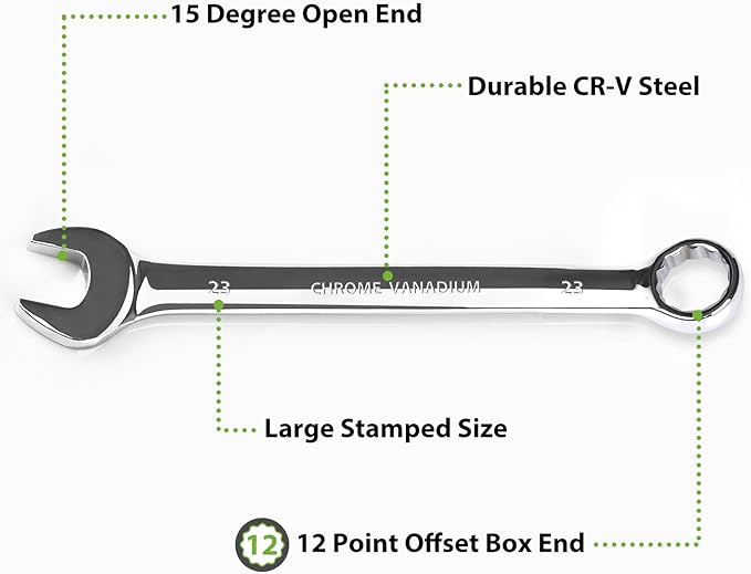 23mm Wrench, Industrial Grade Spanner, Combination Wrenches Metric with 12-Point Box End, 15-Degree Offset, 23mm Wrenches Chrome Vanadium Steel Mirror Polished