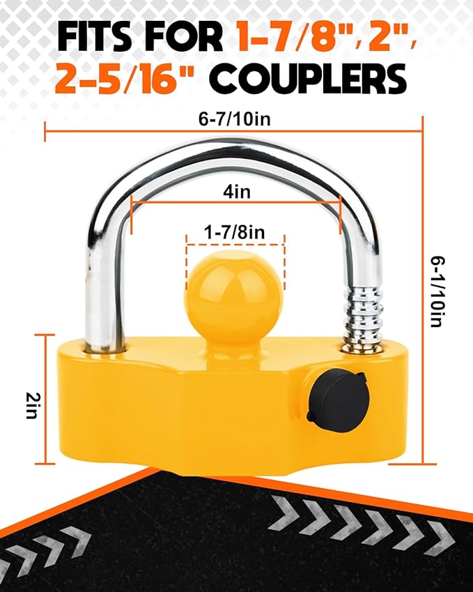 DEEAGLE Trailer Ball Coupler Lock, Heavy Duty Trailer Ball Hitch Lock Fits 1-7/8 Inch, 2 Inch, 2-5/16 Inch Couplers, Hitch Lock with Keys, Yellow
