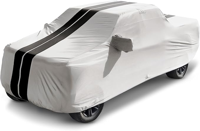 iCarCover Premium Plus Truck Cover Waterproof All Weather Rain Snow UV Sun Protection, F-150 250, C/K 3500, Silverado, Ram, Tundra, Sierra, Titan, Size T70 (See Size Chart) Stripe - Light Gray/Black