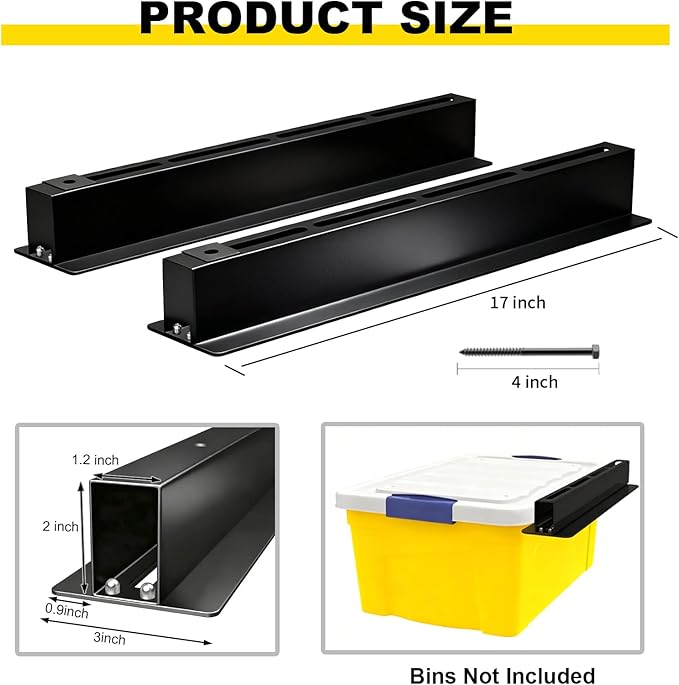 Yuleimy Overhead Garage Storage Rack 6-Pack - Heavy Duty Garage Ceiling Storage Racks for Tote Containers - 17" Adjustable Tote Rack 27 Gallon Storage System, Hanging Bin Ceiling Mount Rails