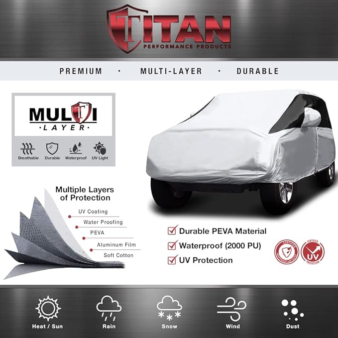 Titan Premium Multi-Layer PEVA Car Cover for Wrangler 4-Door SUVs 164-184". Waterproof, UV Protection, Anti-Scratch Protective Lining, Driver-Side Zippered Opening. Fits Wrangler SUVs.