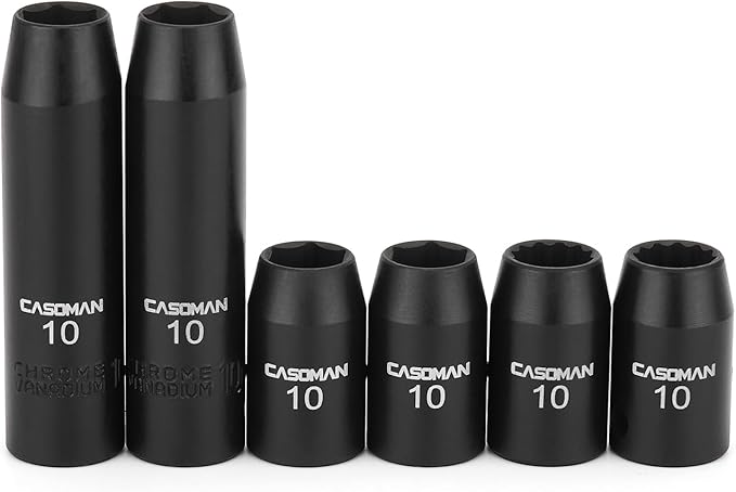 CASOMAN 6 Pieces 3/8-Inch Drive Impact Socket Set-10mm, Deep & Shallow, Metric, 6 Point & 12 Point Desgin, Black Phosphate Finish