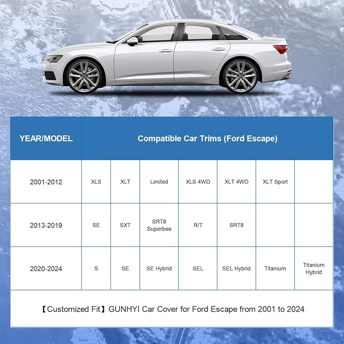Ford Car Cover Custom Fit Ford Escape Waterproof All Weather, Lightweight Full Exterior Cover for Automobiles Outdoor Sun UV Rain Dust Snow Wind Protection.