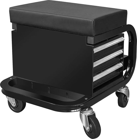 Torin APD2016AB Rolling Tool Chest/Tool Box with 3 Drawers and Wheels, Padded Mechanic Stool Creeper Seat, Black
