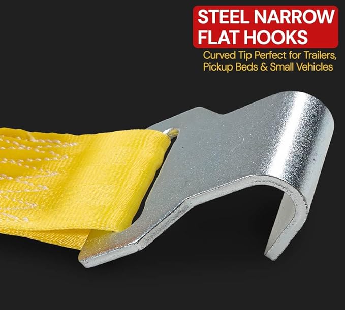 Mytee Products 2 Pack 2" x 10' Retractable Ratchet Straps with Narrow Flat Hooks - 3,300 lbs WLL - High-Abrasion Yellow Auto Retract Ratchet Tie Down Strap for Motorcycles, ATVs, Bikes, Boat Trailer