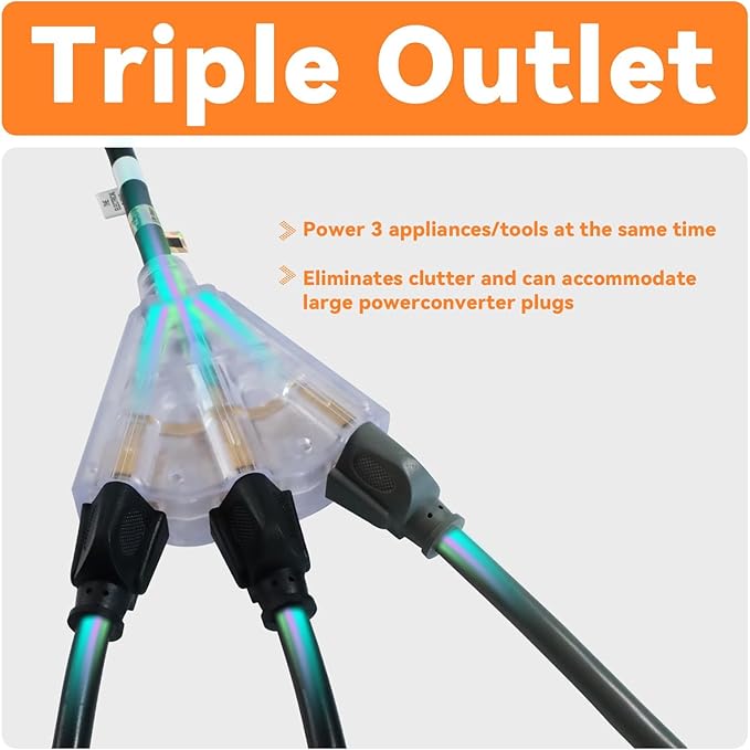 EP 12 Ft 12 Gauge Heavy Duty Extension Cord, 15A 125V 1875W, 3 Outlet Indoor/Outdoor Power Cord with Lighted End, 12/3 SJTW Weatherproof Black