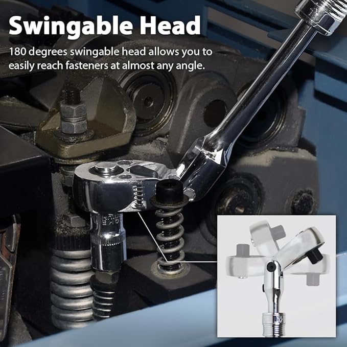 FIRSTINFO F3222NB Taiwan 1/4-Inch Drive Flex Head Extendable Ratchet | 72 Tooth Quick Release Reversible Ratcheting with Soft Grip Handle, 6.7 to 8.6 Inch Lengths