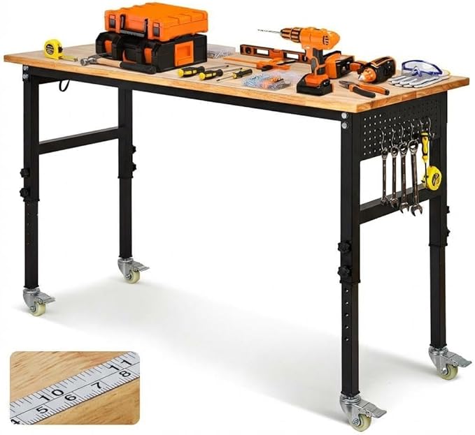 60" x 24" Heavy Duty Workbench with ETL Power Outlet, 8-Level Height Adjustment (29.5"-39.4"), Rubberwood Top with 2000 Lbs Capacity, for Garage/Workshop/Home Office, Metal Casters & Pegboard