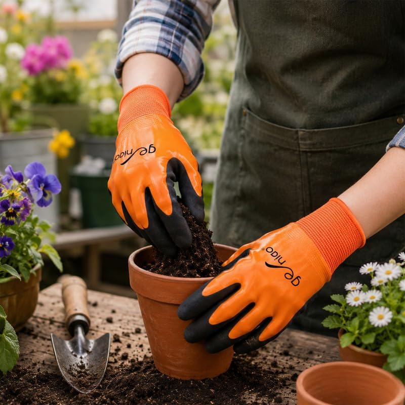 Waterproof Work Gloves for Men Women Double Nitrile Coated Gloves with Non-Slip Palm for Garden Yard Fishing Cleaning
