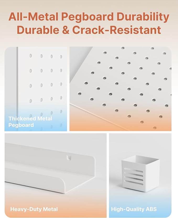 PEGZONE Pegboard Wall Organizer Combination Kit, Overall 25.4"x16.6" Metal Office Pegboard with 13 Accessories, Wall Mounted Peg board Display Panels for Home, Gaming Room, Garage (2Pcs,White)