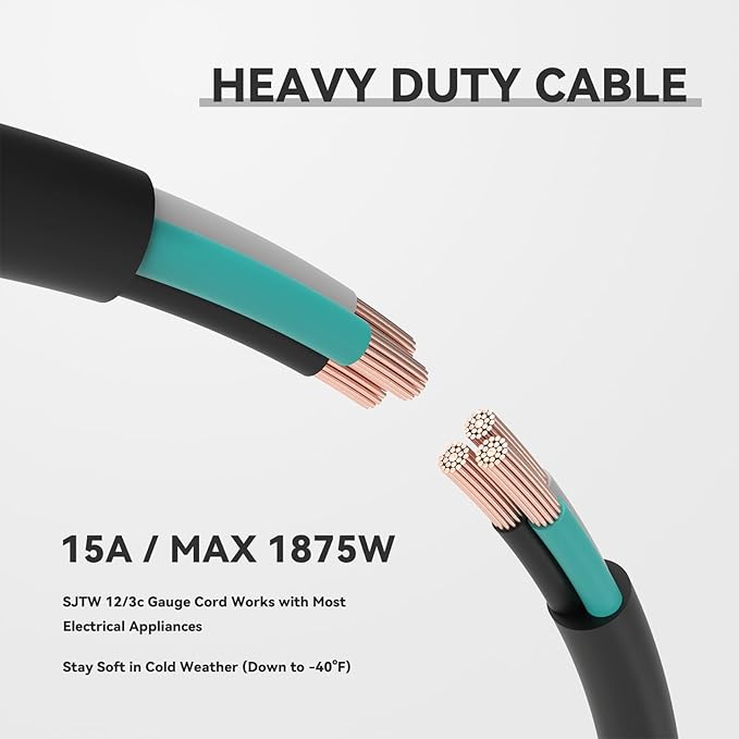 15 FT Outdoor Heavy Duty Extension Cord - 12/3 SJTW 15 AMP Indoor Power Cord with 3 Prong Grounded Plug for Lawn Mower, Appliances, Workshop, Lights Water Resistant Flexible Cable 12 Gauge