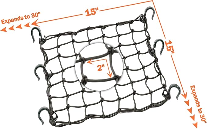 Cargo Net 15"x15" Stretches to 30"x30" with Thicken Hooks | Natural Latex Core, Tight 2”x2” Mesh Small Heavy Duty Bungee Net for Motorcycle Helmet, Bike, ATV, UTV, Luggage (Black, 2 Pack)