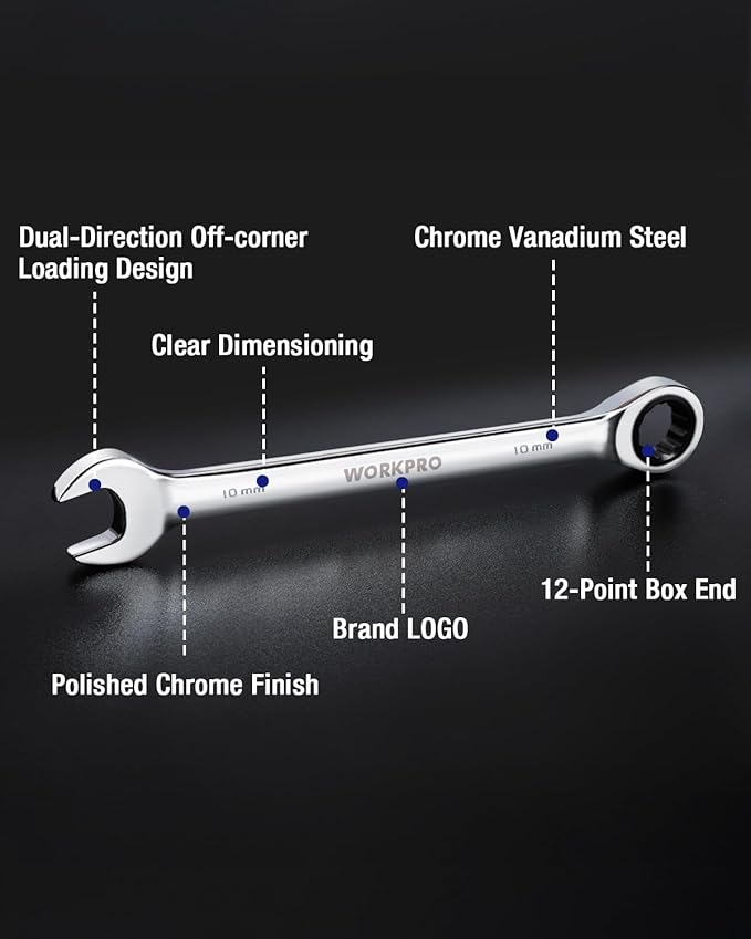 WORKPRO 10 mm Ratcheting Combination Wrench Metric, CR-V Constructed with Mirror Polish Chrome Plating, 12-Point Design, 15-Degree Offset