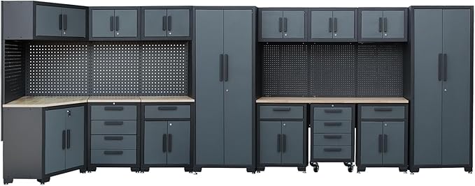 Garage Cabinets and Storage System, 17PCS Garage Storage Cabinet System Corner Workshop Set with Corner Cabinet, Cabinet Drawers, Workbench, Pegboard for Tool Organization, Black Grey