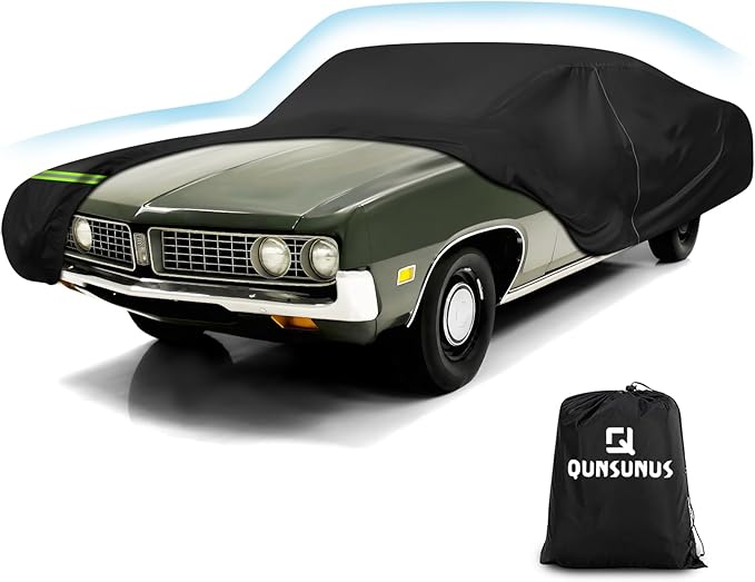 QUNSUNUS Car Cover for Ford Torino 1968-1976 and Fairlane 1968-1970 4-Door, Waterproof Torino Car Cover with Zipper and Straps for Wind, Sun, UV and Dust Protection