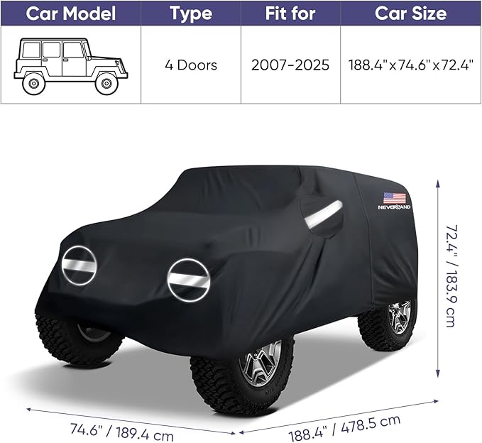 NEVERLAND Car Cover for Jeep Wrangler 4 Door Waterproof Car Covers, All Weather Protection Jeep Sun Rain Protection for Wrangler 4 Fits JK JL JLU JKU 2007-2025 Outdoor Covers Black with Door Zipper