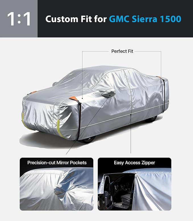 Wigoo GMC Sierra 1500 2500 3500 Truck Car Cover Accessories 2019-2026, Custom Fit Waterproof All Weather Outdoor Pickup Cover, Windproof UV Rain Snow Dust Protection, Door Zipper, Reflective Strips