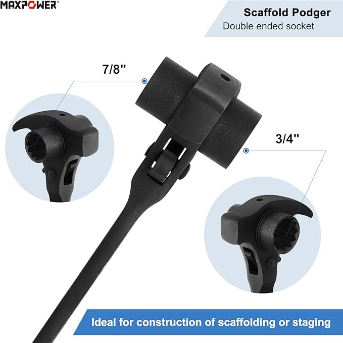 MAXPOWER 3/4" x 7/8" Scaffold Ratchet Wrench, Spud Podger Spanner, Multifunctional Functions with Claw Pry Bar and Hammer Face