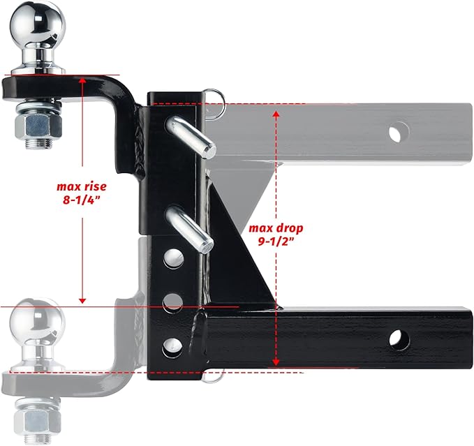 OPENROAD Adjustable Trailer Hitch Ball Mount - Fits 2-Inch Receiver, 2" Tow Balls, 7500lbs, 9-1/2" Drop/ 8-1/4" Rise, Heavy Duty Truck Hitch with Pin Lock