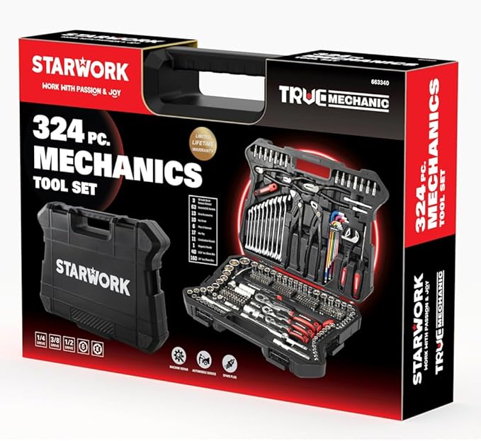 STARWORK TRUE MECHANIC™ 324-Piece Mechanics Tool Set and Socket Set with 22oz Dragon One-Piece Rip Hammer w/Grip, Professional