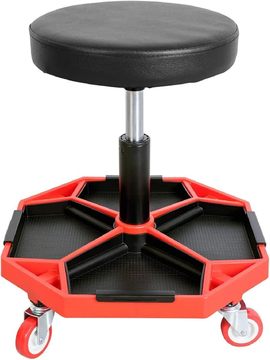 TCE ATRXF8308U Pneumatic Creeper Seat/Padded Adjustable Mechanic Stool with Removable Tool Tray Storage, 300 lb Capacity, Black/Red