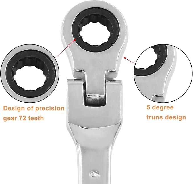 Piutouyar 9mm Flex-Head Ratcheting Wrench, Professional Metric Ratchet Wrench Combination Wrench Box Ended Spanner Tool for Projects Repair(5° Movement and 72 Teeth 12 Point, CR-V)