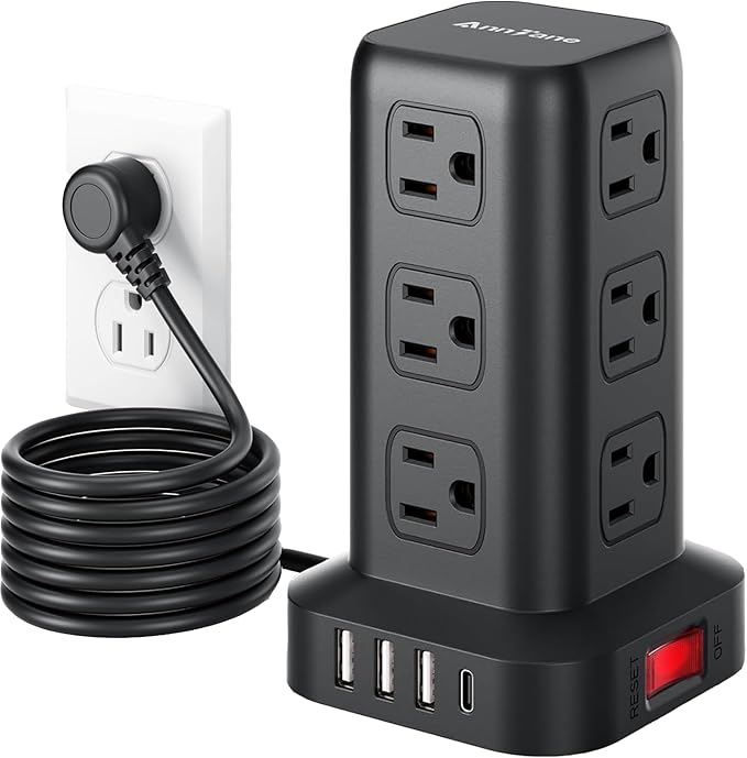 AnnTane Surge Protector Power Strip 6.5 FT Cord, Power Strip Tower with 4 USB Ports (1USB C), Extension Cord with 12 AC Multiple Outlets, Home Office Supplies Desk Accessories, Dorm Room Essentials