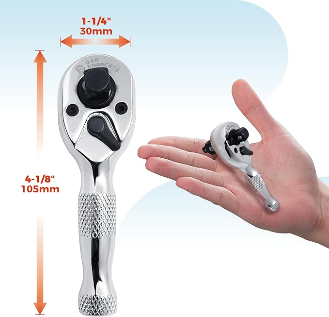 3-in-1 Stubby Ratchet Handle, 1/4 ", 3/8 ", 1/2" Drive Ratchet Wrench, 72-Tooth, Reversible Switch, Full-Polished Chrome Plating, Chromium Vanadium Steel