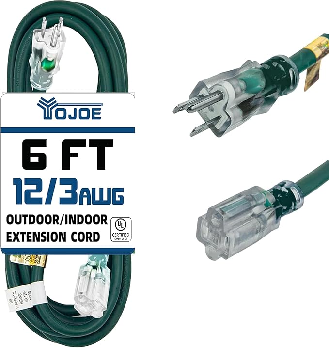 YOJOE Indoor Outdoor Extension Cord with Lighted End, 3 Prong 15A Weatherproof Power Cord, 12 Gauge Heavy Duty 6 ft Green Extension Cord for Garage, Garden and Home, 12/3 SJTW UL Listed