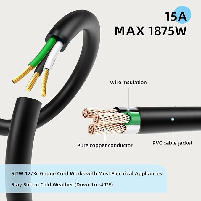 EP 10 Ft Outdoor Extension Cord - 12/3 SJTW Heavy Duty Black Extension Cable with 3 Prong Grounded Plug - Power Cord for Lawn, Garden, Appliances