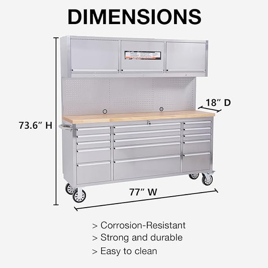 SINDA 72 Inch Rolling Tool Chest Tool Box Mobile Tool Workbench Garage Tool Storage Cabinet Large Rolling Lockable Tool Box with Wood Top, 15 Drawers + 3 Upper Cabinets