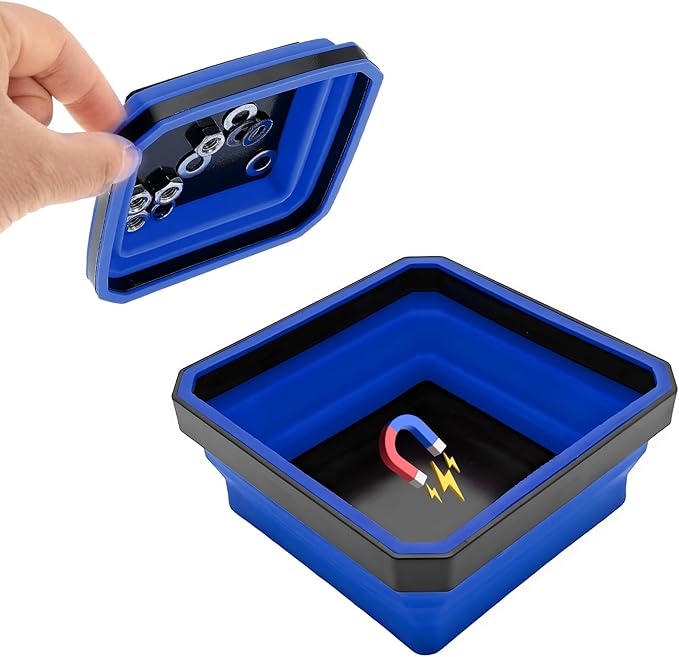 Collapsible Magnetic Parts Tray, 4.5 Inch Foldable Magnetic Square Silicone Tray, Tool Tray Set with Double-Sided Magnetic Base for Screw Bolts Nuts Pins, Car Accessories (Blue)