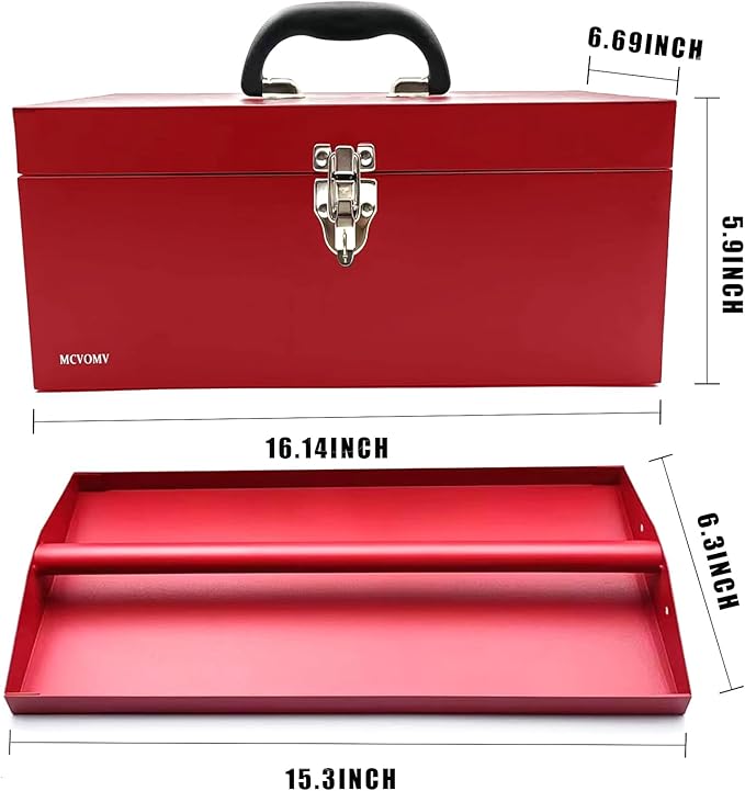 16" Portable Metal Toolbox Large Tool Box 18-Gauge Fishing Tackle Box Stee Tool Box Drawer Organizer With Metal Latch and Handle Red