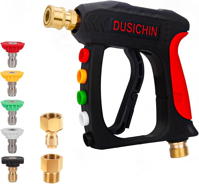 DUSICHIN DUS-220 Short Wand High Pressure Washer Handle Gun 3000 PSI Max 5 Pressure Power Washer Nozzles Tips Black