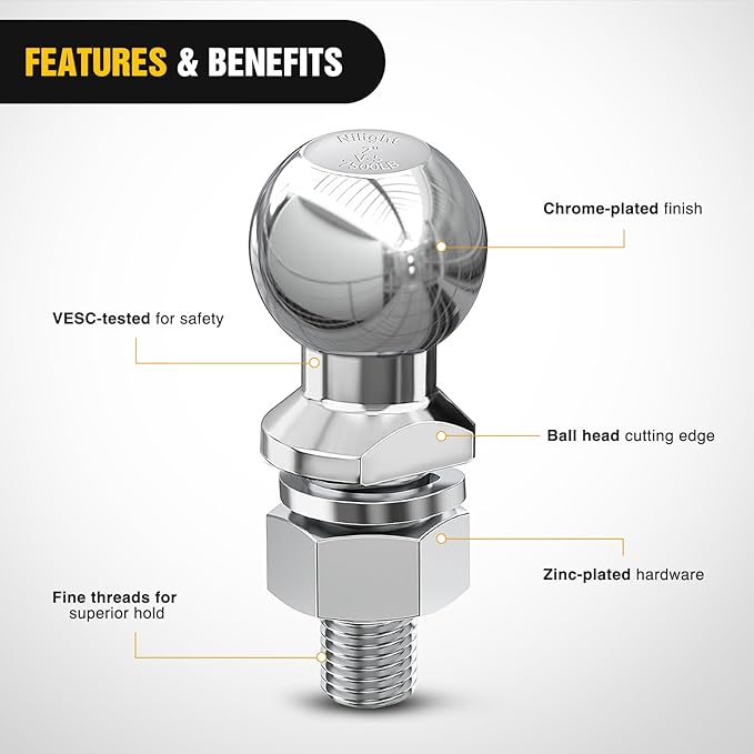 Nilight 2-Inch Diameter Chrome Trailer Hitch Ball, 7,500 lbs, 1 x 2-1/8-Inch Shank Universal Fit,Gray
