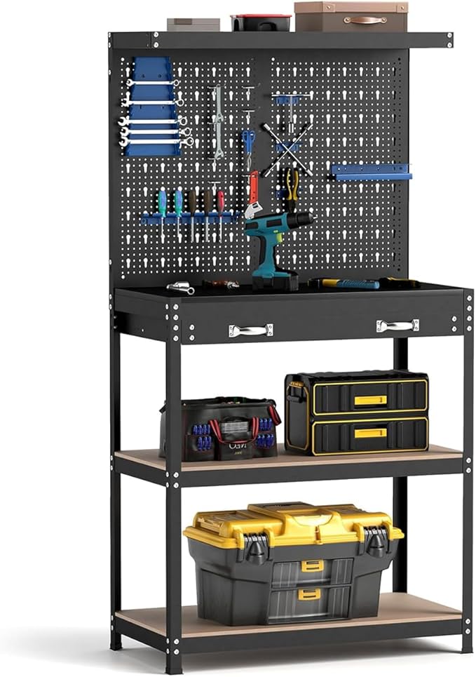ERGOMASTER Work Bench with Drawers,Heavy Duty Garage Workbench with Pegboard, 965LBS Capacity Work Table for Garage, Home, Workshop, Auto Shop, Basement (Blue Standard Size With drawer)