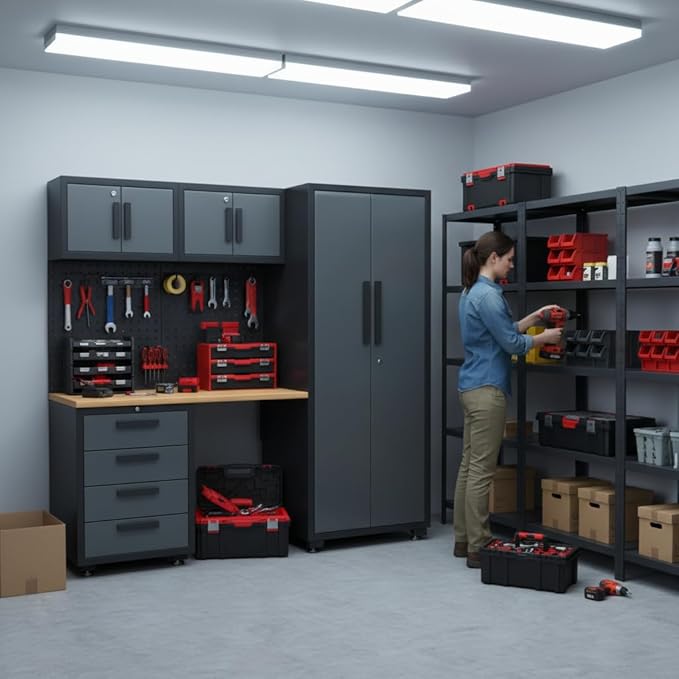 Garage Storage Cabinet System, 7PCK Workshop Set Garage Cabinets and Storage System with Steel Cabinet Drawers, Workbench, Pegboard for Tool Organization