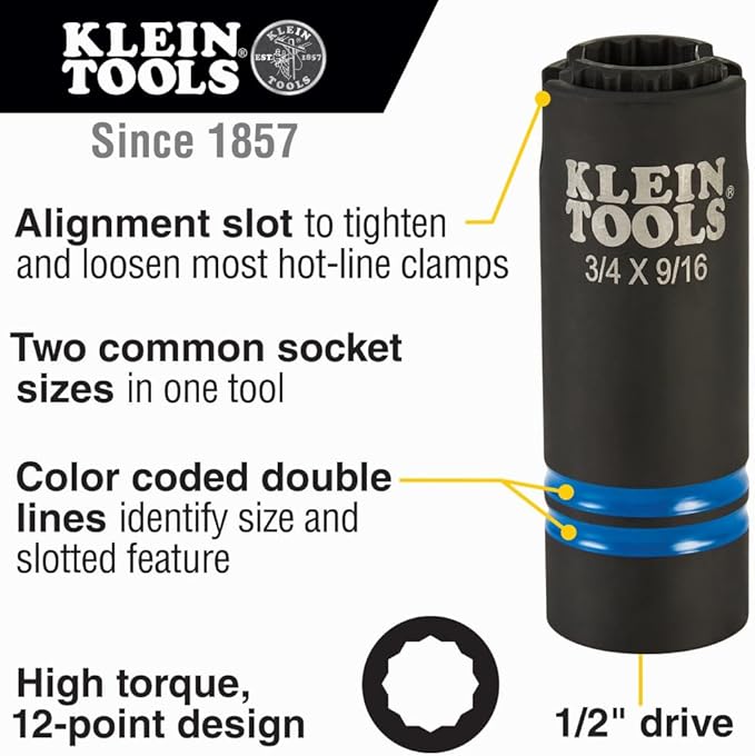 Klein Tools 66031 3-in-1 Slotted Impact Socket, 12-Point Deep Sockets, Coaxial Spring Loaded, 3/4 and 9/16-Inch Hex Sizes, 1/2-Inch Drive