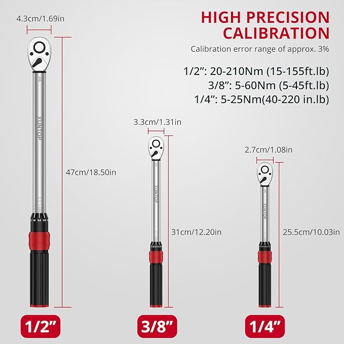 Torque Wrench 1/4 3/8 1/2 inch 3 PCS Drive Click Torque Wrench for 40-220 in.lb 5-45ft.lb 15-155ft.lb 72 Tooth Dual Direction Adjustable Ratchet Wrench for Bicycle,Moto,Car Maintenance