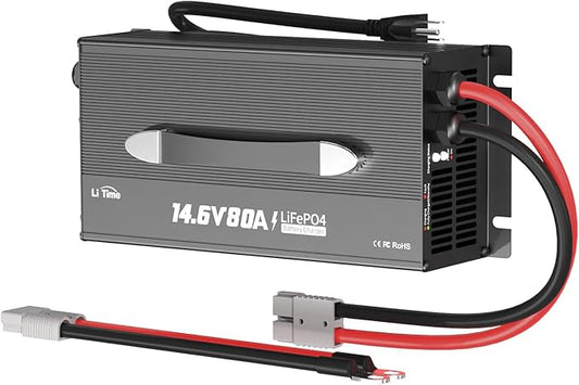 LiTime 80-Amp Lithium Battery Charger,12V LiFePO4 Battery Charger AC-DC Smart Charger with Cooling Fan, Anderson Connector LED for 14.6V LiFePO4 Lithium Batteries, 80A Fast Charging