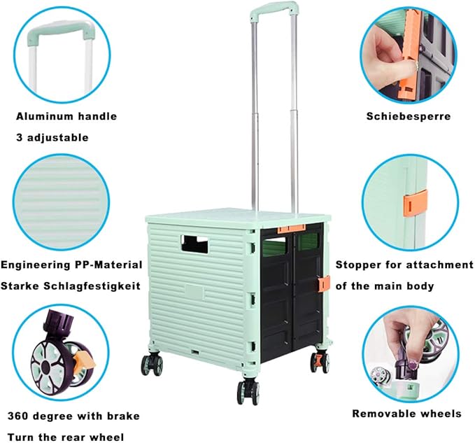 Foldable Utility Cart Folding Portable Rolling Crate Handcart Shopping Trolley Wheel Box with Lid Wear-Resistant Noiseless 360°Rotate Wheel for Travel Shopping Moving Storage Office Use (Green)