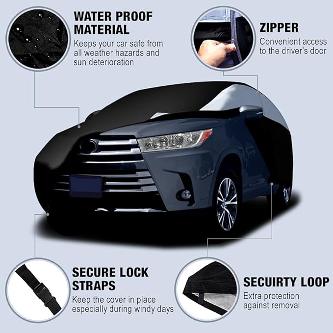 Titan Lightweight Mid-Size SUV Car Cover (Black Pearl) for Ford Explorer, Jeep Grand Cherokee, and More. Waterproof Cover Measures 206 Inches and Includes a Driver-Side Door Zipper.