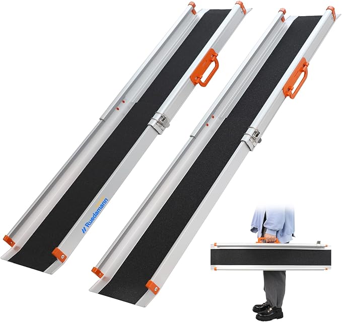 Ruedamann 6FT x 8.3" Wider Adjustable Wheelchair Ramp with Handle, Telescoping Portable Wheelchair Ramp for Home Steps, 600lbs Capacity, Non-Skid Lightweight Scooter Ramp for Van, MPV, Caravan, 2Pcs