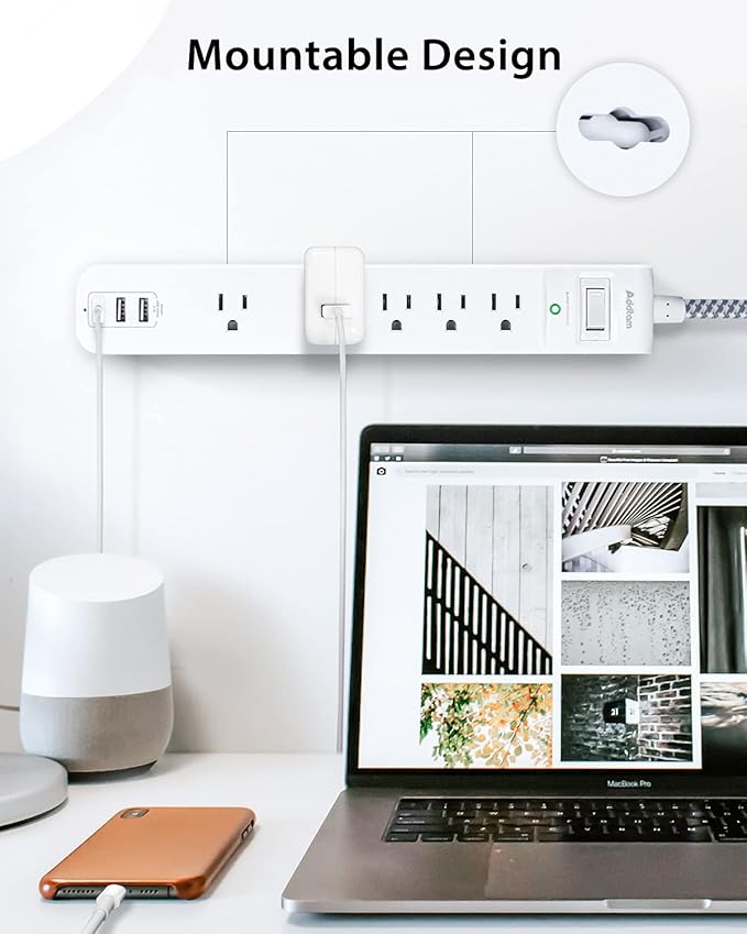 15FT Long Cord Power Strip - Extension Cord Surge Protector, 5 Widely AC Outlets 3 USB Ports, Wall Mount, Flat Plug with Overload Surge Protection for Home, Office, Dorm Room Essentials (2 Pack)