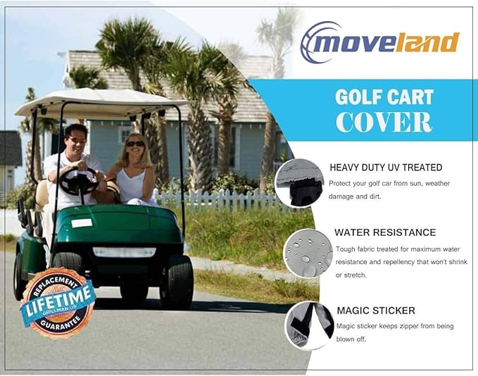 【2022 Upgraded】 2 Passenger Outdoor Golf Cart Cover Compatible with EZ GO, Club Car, Yamaha, Movaland Custom Cart Cover with 300D Material + Extra PVC Coating Waterproof Dust Prevention (Grey)