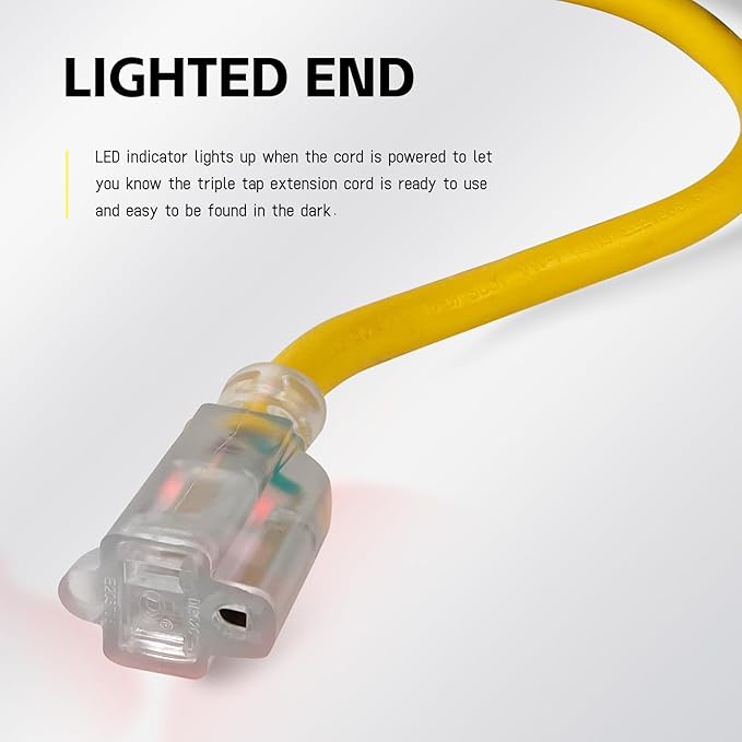 EP 8 Ft Lighted Extension Cord - 12/3 SJTW Heavy Duty Yellow Extension Cable with 3 Prong Grounded Plug - Power Cord for Lawn, Garden, Appliances