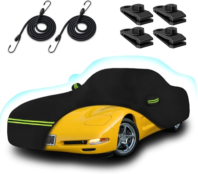 Car Cover for 1997-2004 Corvette C5, 6 Layers 210T Sun Rain UV Dust Snow Protection Outdoor Car Cover with Zipper Door and Windproof Straps for Chevy Corvette C5-Black
